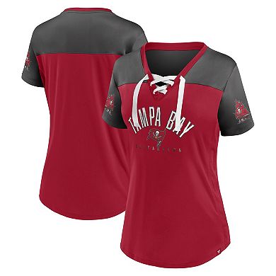 Women's Fanatics Branded Red/Pewter Tampa Bay Buccaneers Blitz & Glam Lace-Up V-Neck Jersey T-Shirt
