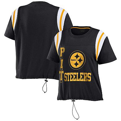 Women's WEAR by Erin Andrews Black Pittsburgh Steelers Cinched Colorblock T-Shirt