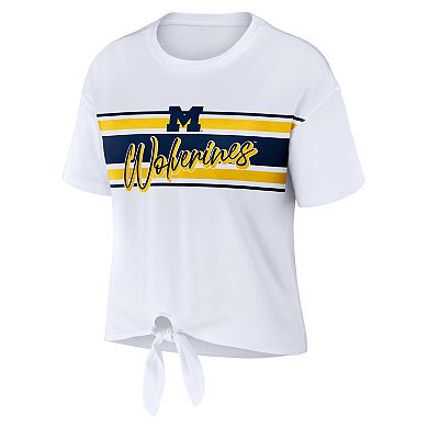 Women's WEAR by Erin Andrews White Michigan Wolverines Striped Front Knot Cropped T-Shirt