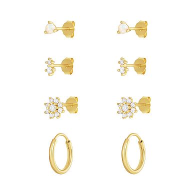 PRIMROSE 18k Gold Plated Opal Stud, Cubic Zirconia Stud & Endless Hoop 4 Pair Earring Set