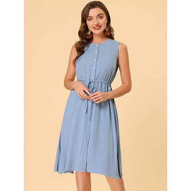 Women's Sleeveless Solid Button Front Drawstring Dress