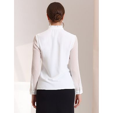 Women's Ruffle High Neck Shirt Button Decor Sheer Long Sleeve Blouse Tops