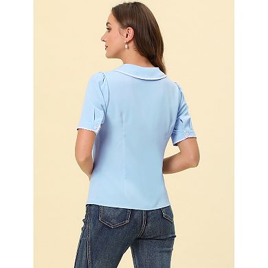 Women's Peter Pan Collar Shirt Short Sleeve Button Chiffon Blouse Top