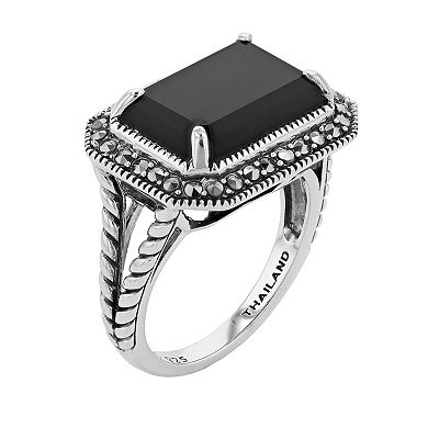 Lavish by TJM Sterling Silver Black Onyx & Marcasite East-West Rectangular Ring