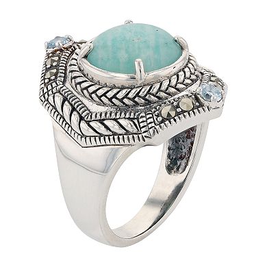 Lavish by TJM Sterling Silver Amazonite Sky Blue Topaz & Marcasite Dome Ring