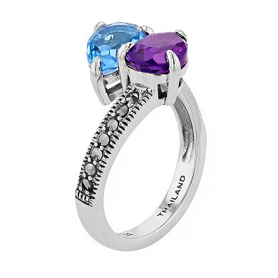 Lavish by TJM Sterling Silver Simulated Amethyst & Simulated Blue Quartz with Marcasite 2-stone Ring