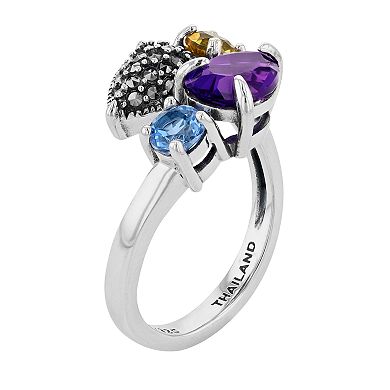 Lavish by TJM Sterling Silver Amethyst & Simulated Blue Quartz & Simulated Citrine with Marcasite 2-stone Ring
