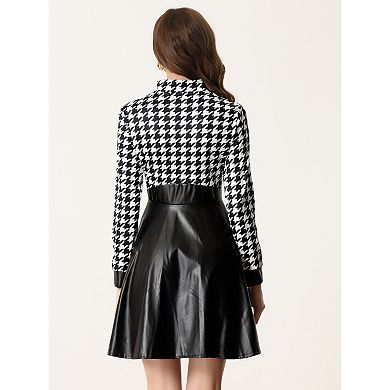 Women's Pu Faux Leather Houndstooth Patchwork Zipper Up Club Party A-line Dress