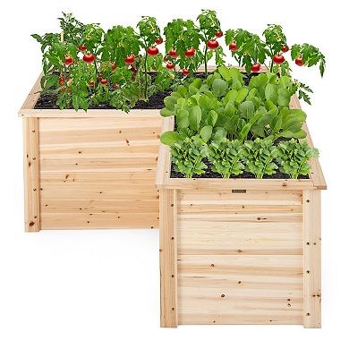 24 Inch L-Shaped Wooden Raised Garden Bed with Open-Ended Base-Natural