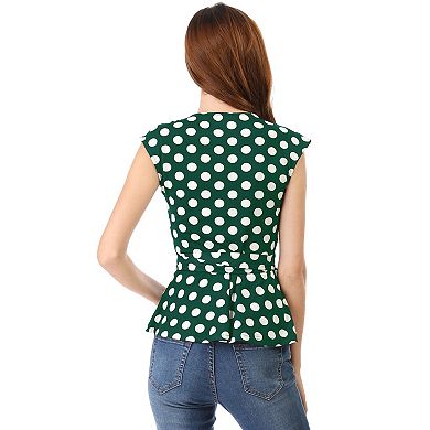 Women's Sleeveless V-neck Self Tie Wrap Front Dotted Top