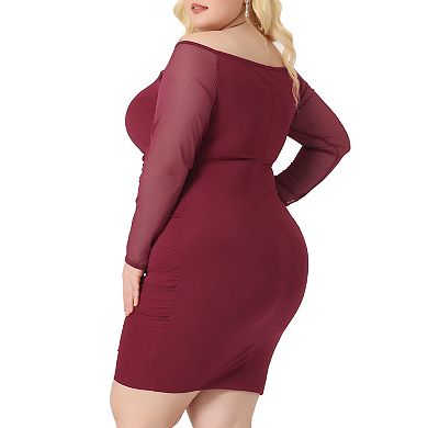 Women Plus Size Off Shoulder Mesh 3/4 Sleeve Stretchy Ruched Cocktail Pencil Mini Bodycon Dress