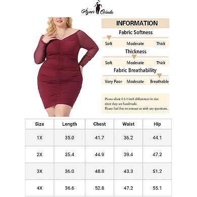 Women Plus Size Off Shoulder Mesh 3/4 Sleeve Stretchy Ruched Cocktail Pencil Mini Bodycon Dress