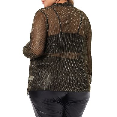 Plus Size Women's Cardigan Open Front Metallic Sheer Shrug Long Sleeve Lightweight Cardigan Jacket