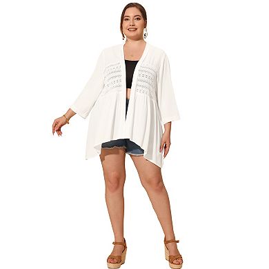 Plus Size Cardigan for Women 3/4 Sleeve Lace Panel High-Low Hem Open Front Top Cover Up