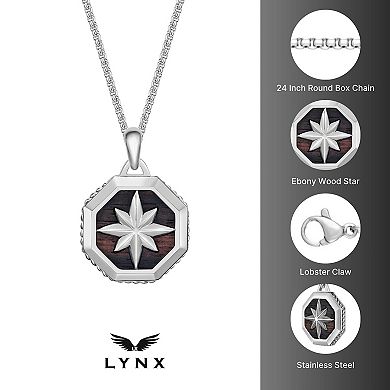 Men's LYNX Stainless Steel & Ebony Wooden Starburst Pendant Necklace