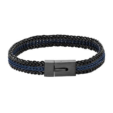 Men's LYNX Stainless Steel & Blue Leather Bracelet