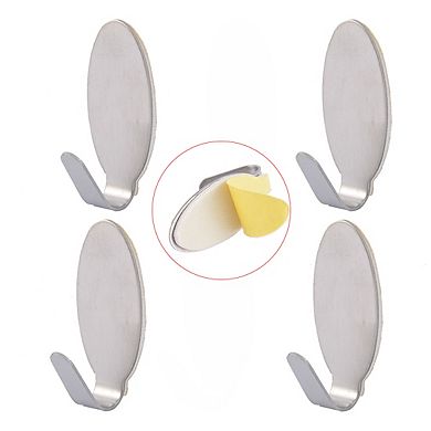 Home Kitchen Stainless Steel Oval Shaped Self Adhesive Wall Hooks Hanger 6 Pcs