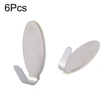 Home Kitchen Stainless Steel Oval Shaped Self Adhesive Wall Hooks Hanger 6 Pcs