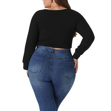 Plus Size Blouse For Women Square Neck Top Long Sleeve Cropped Tops