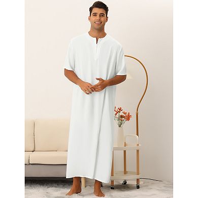 Men's Solid Nightshirts Short Sleeve Zipper Loose Fit Pajamas Gown