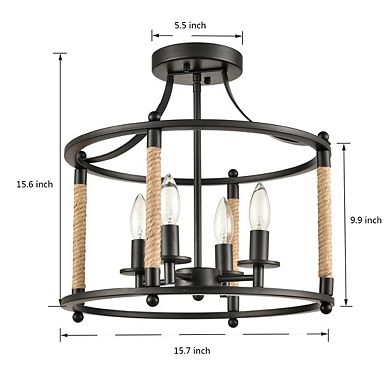 Farmhouse Metal Drum Semi Flush Mount Ceiling Light with Hemp Rope