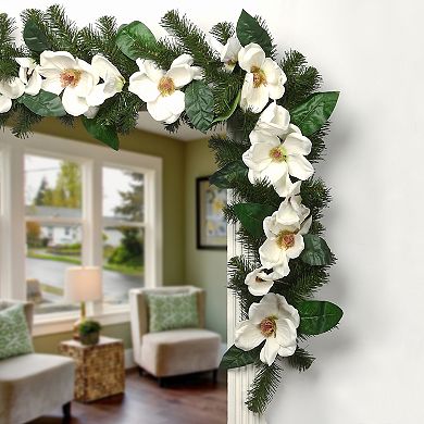 National Tree Company North Valley Artificial Spruce Garland with Cream Magnolia