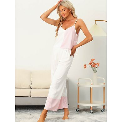 Women's Satin Lounge Color Block Cami Tops And Pants Pajamas Set