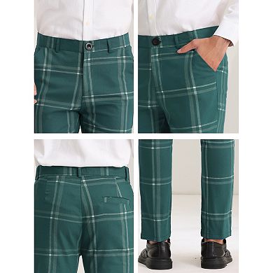 Men's Dress Plaid Slim Fit Flat Front Prom Checked Trousers
