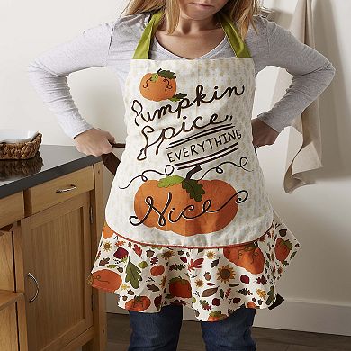 28.5" White and Orange Pumpkin Spice Printed Ruffle Apron with Front Pocket