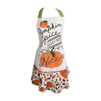 28.5" White and Orange Pumpkin Spice Printed Ruffle Apron with Front Pocket