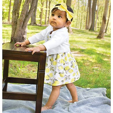 Hudson Baby Infant and Toddler Girl Cotton Dress and Cardigan 2pc Set, Lemon