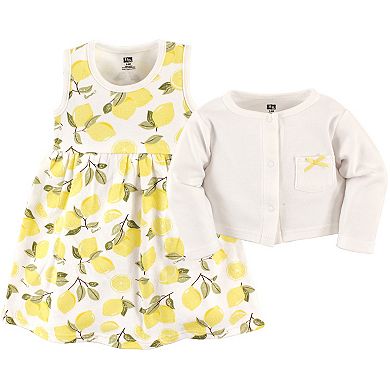 Hudson Baby Infant and Toddler Girl Cotton Dress and Cardigan 2pc Set, Lemon