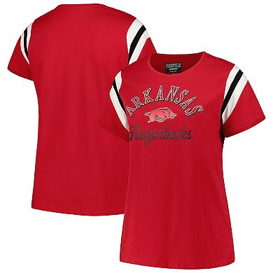 Women's Profile Cardinal Arkansas Razorbacks Plus Size Striped Tailgate Scoop Neck T-Shirt