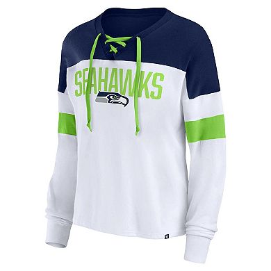 Women's Fanatics Branded White/College Navy Seattle Seahawks Plus Size Even Match Lace-Up Long Sleeve V-Neck T-Shirt