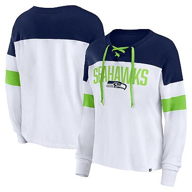 Women's Fanatics Branded White/College Navy Seattle Seahawks Plus Size Even Match Lace-Up Long Sleeve V-Neck T-Shirt