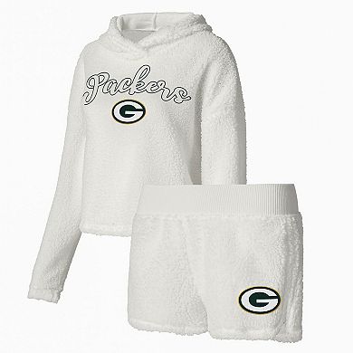 Women's Concepts Sport  White Green Bay Packers Fluffy Pullover Sweatshirt & Shorts Sleep Set