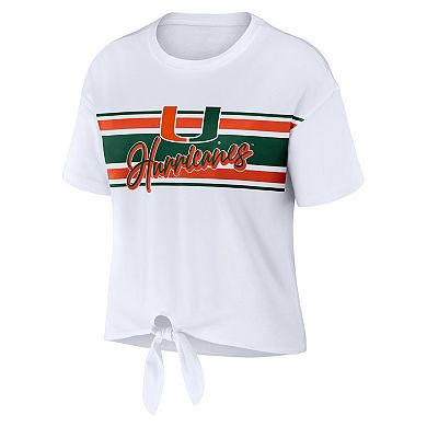 Women's WEAR by Erin Andrews White Miami Hurricanes Striped Front Knot Cropped T-Shirt