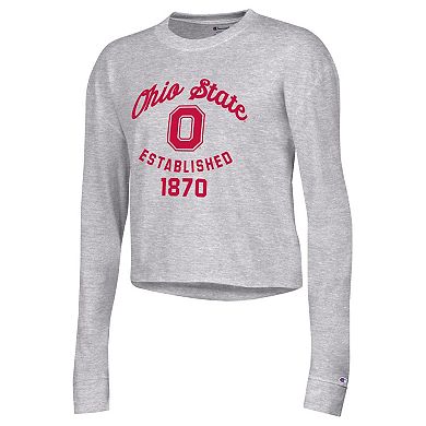 Women's Champion Heather Gray Ohio State Buckeyes Boyfriend Cropped Long Sleeve T-Shirt