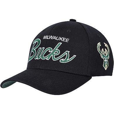 Men's Mitchell & Ness Black Milwaukee Bucks MVP Team Script 2.0 Stretch Snapback Hat