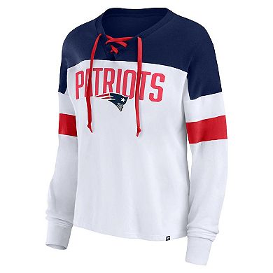 Women's Fanatics Branded White/Navy New England Patriots Plus Size Even Match Lace-Up Long Sleeve V-Neck T-Shirt