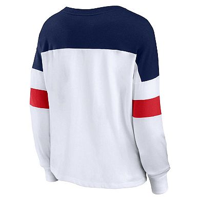 Women's Fanatics Branded White/Navy New England Patriots Plus Size Even Match Lace-Up Long Sleeve V-Neck T-Shirt