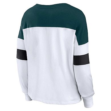 Women's Fanatics Branded White/Midnight Green Philadelphia Eagles Plus Size Even Match Lace-Up Long Sleeve V-Neck T-Shirt