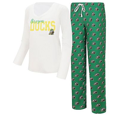 Women's Concepts Sport  White/Green Oregon Ducks Long Sleeve V-Neck T-Shirt & Gauge Pants Sleep Set