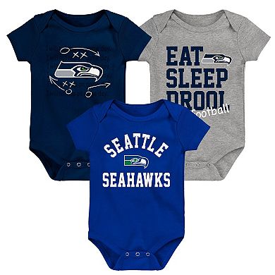 Newborn & Infant Navy/Royal/Heather Gray Seattle Seahawks Three-Pack Eat, Sleep & Drool Retro Bodysuit Set