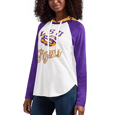Women's G-III 4Her by Carl Banks White/Purple LSU Tigers From the Sideline Raglan Long Sleeve Hoodie T-Shirt