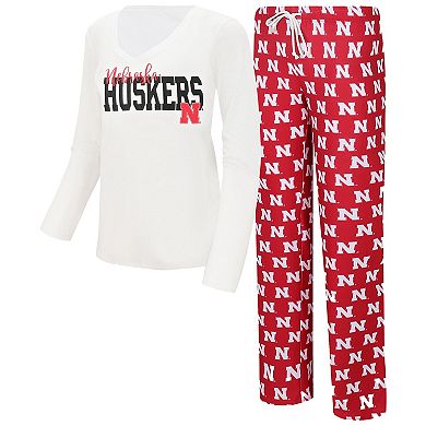 Women's Concepts Sport  White/Scarlet Nebraska Huskers Long Sleeve V-Neck T-Shirt & Gauge Pants Sleep Set