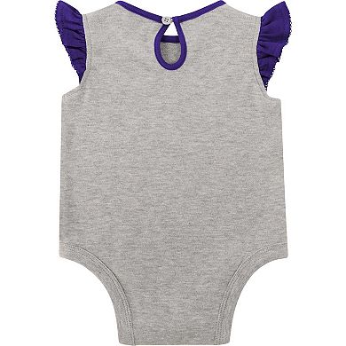Newborn Heather Gray/Purple Minnesota Vikings All Dolled Up Three-Piece Bodysuit, Skirt & Booties Set