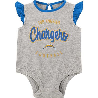 Newborn Heather Gray/Powder Blue Los Angeles Chargers All Dolled Up Three-Piece Bodysuit, Skirt & Booties Set