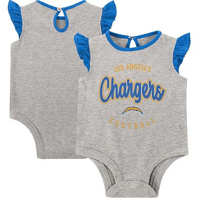 Newborn Heather Gray/Powder Blue Los Angeles Chargers All Dolled Up Three-Piece Bodysuit, Skirt & Booties Set