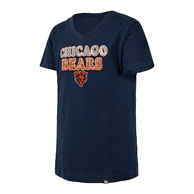 Girls Youth New Era Navy Chicago Bears Reverse Sequin V-Neck T-Shirt